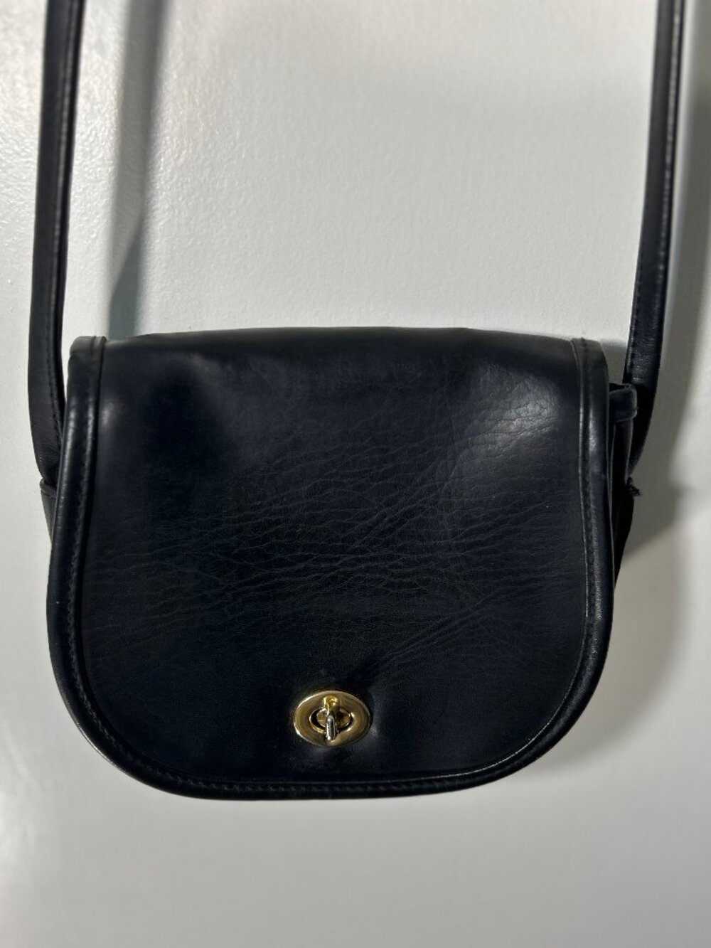 Vintage 90s Daniella Bag Black Leather Mini Crossbody Purse Gold Turn Lock